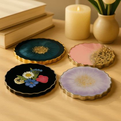 Elegant Resin Coaster Set (4 pcs) – Mixed Design Set with Gold & Silver Borders