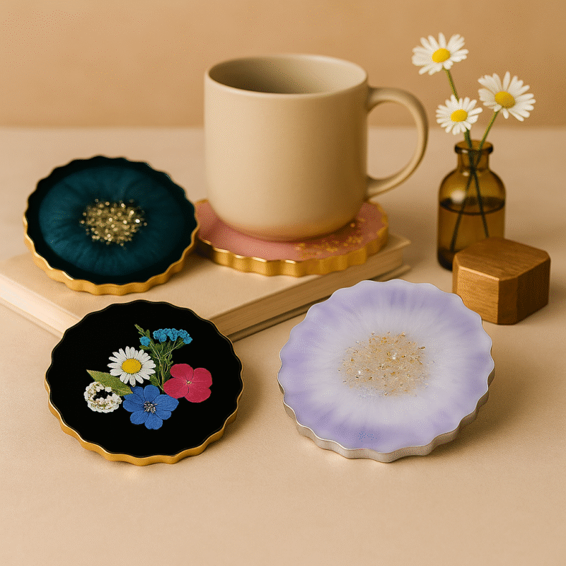 Elegant Resin Coaster Set (4 pcs) – Mixed Design Set with Gold & Silver Borders - Image 2