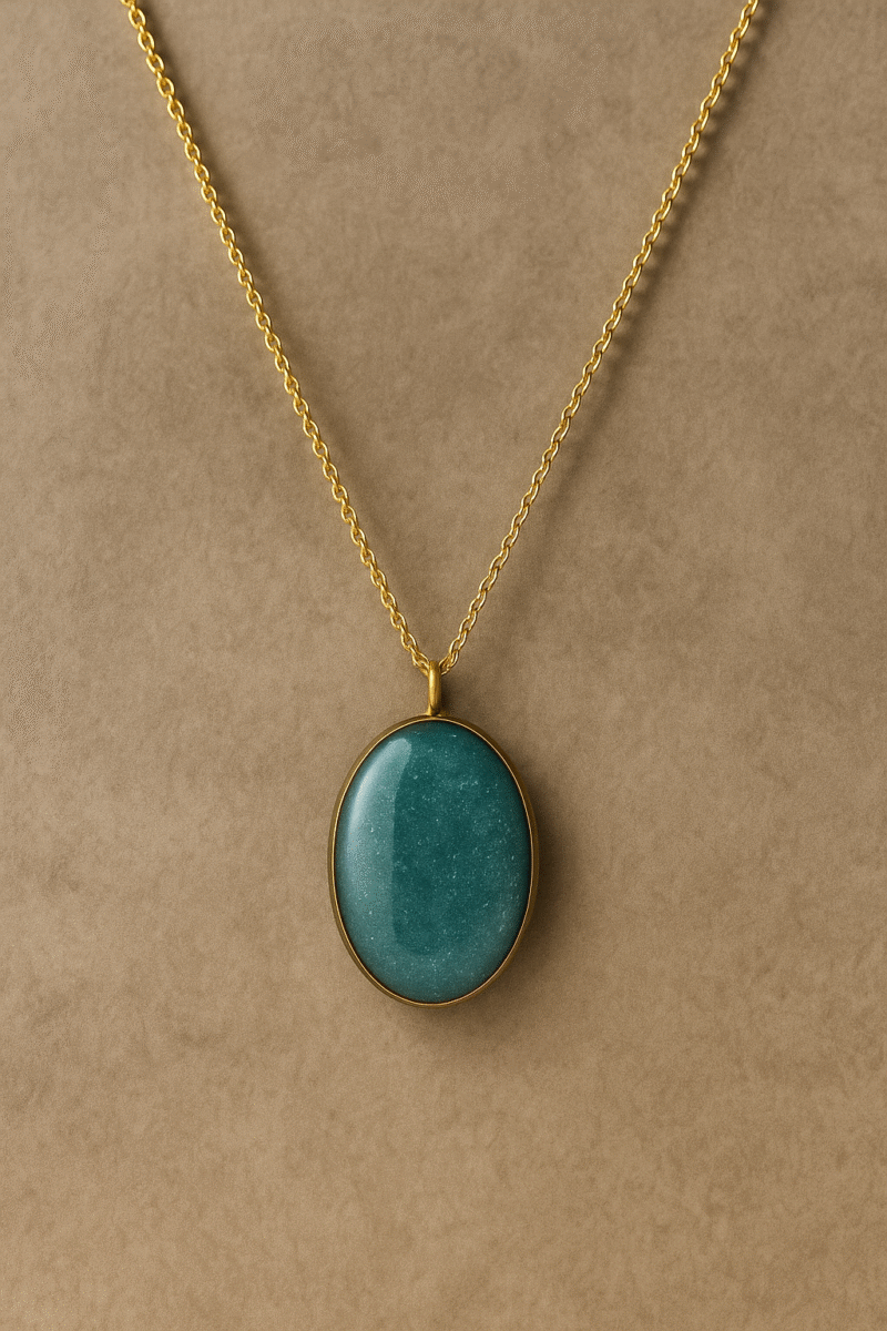 Teal Stardust Oval Necklace – Glitter Resin Pendant with Gold Chain