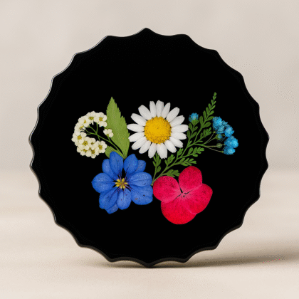 Midnight Bloom Resin Coaster – Black Base with Real Pressed Flowers