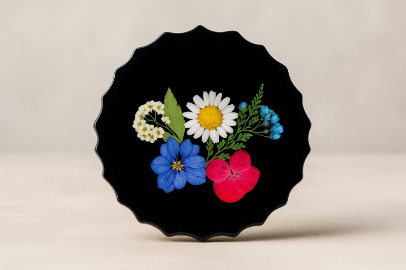 Midnight Bloom Resin Coaster – Black Base with Real Pressed Flowers (4 Pieces Set)