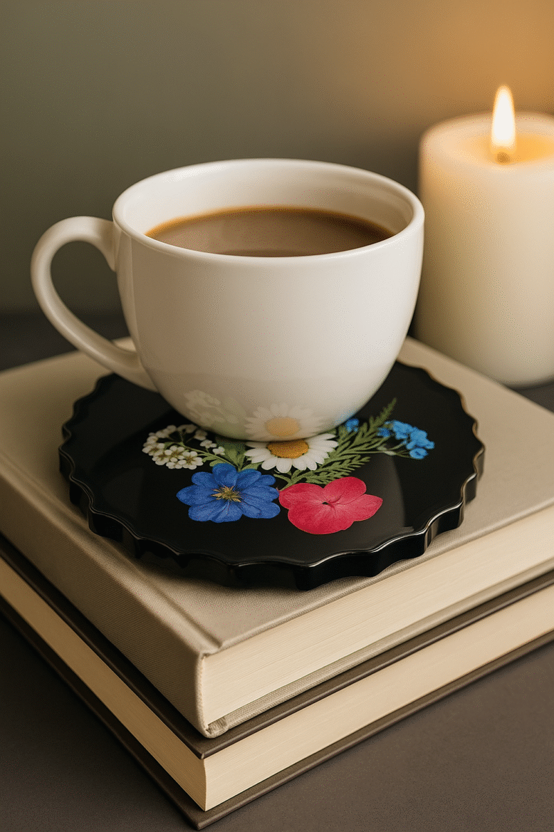 Midnight Bloom Resin Coaster – Black Base with Real Pressed Flowers (4 Pieces Set) - Image 2