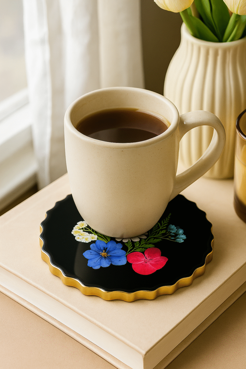 Midnight Bloom Resin Coaster – Black Base with Real Pressed Flowers (4 Pieces Set) - Image 4