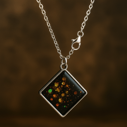 Galaxy Glow Square Pendant Necklace – Black Resin with Cosmic Glitter and Silver Chain