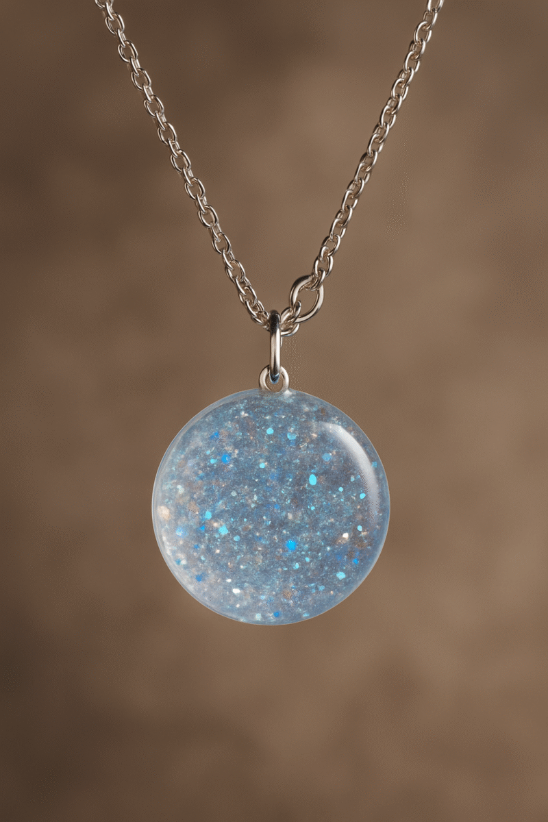 Crystal Glow Circle Resin Necklace – Transparent Pendant with Blue Iridescent Glitter - Image 2