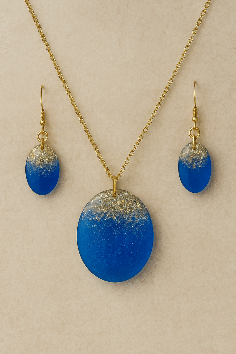 Ocean Luxe Resin Jewelry Set – Deep Blue & Gold Pendant Necklace with Matching Earrings