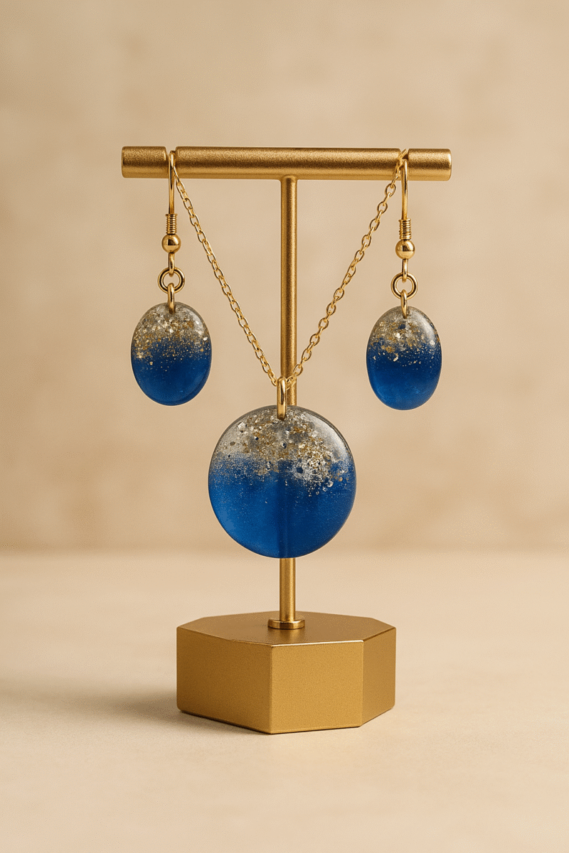 Ocean Luxe Resin Jewelry Set – Deep Blue & Gold Pendant Necklace with Matching Earrings - Image 2