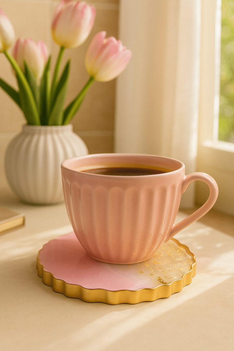 Pink Whisper Resin Coaster – Blush Ombre with Gold Foil & Glossy Finish (4 pieces Set) - Image 4