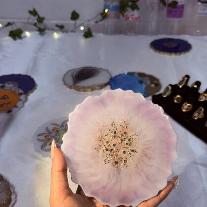 Lavender Bloom Resin Coaster – Silver-Edged Floral Burst with Glitter Core (2 pieces Set)