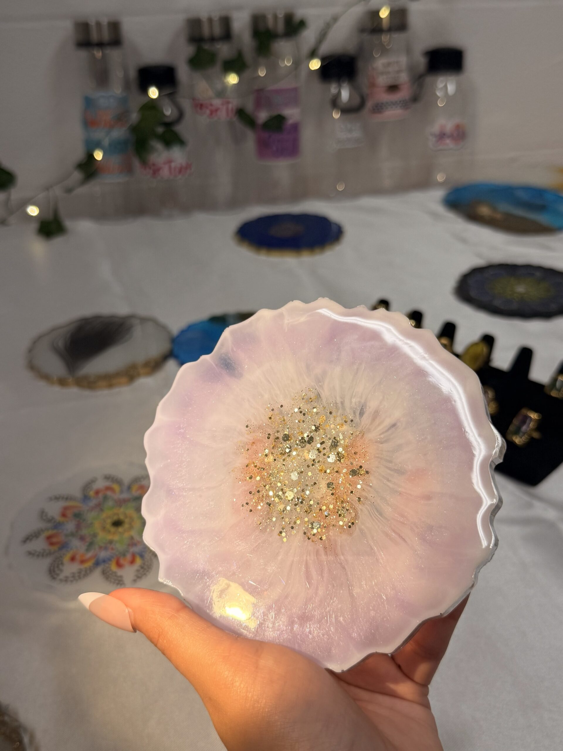 Lavender Bloom Resin Coaster – Silver-Edged Floral Burst with Glitter Core - Image 2