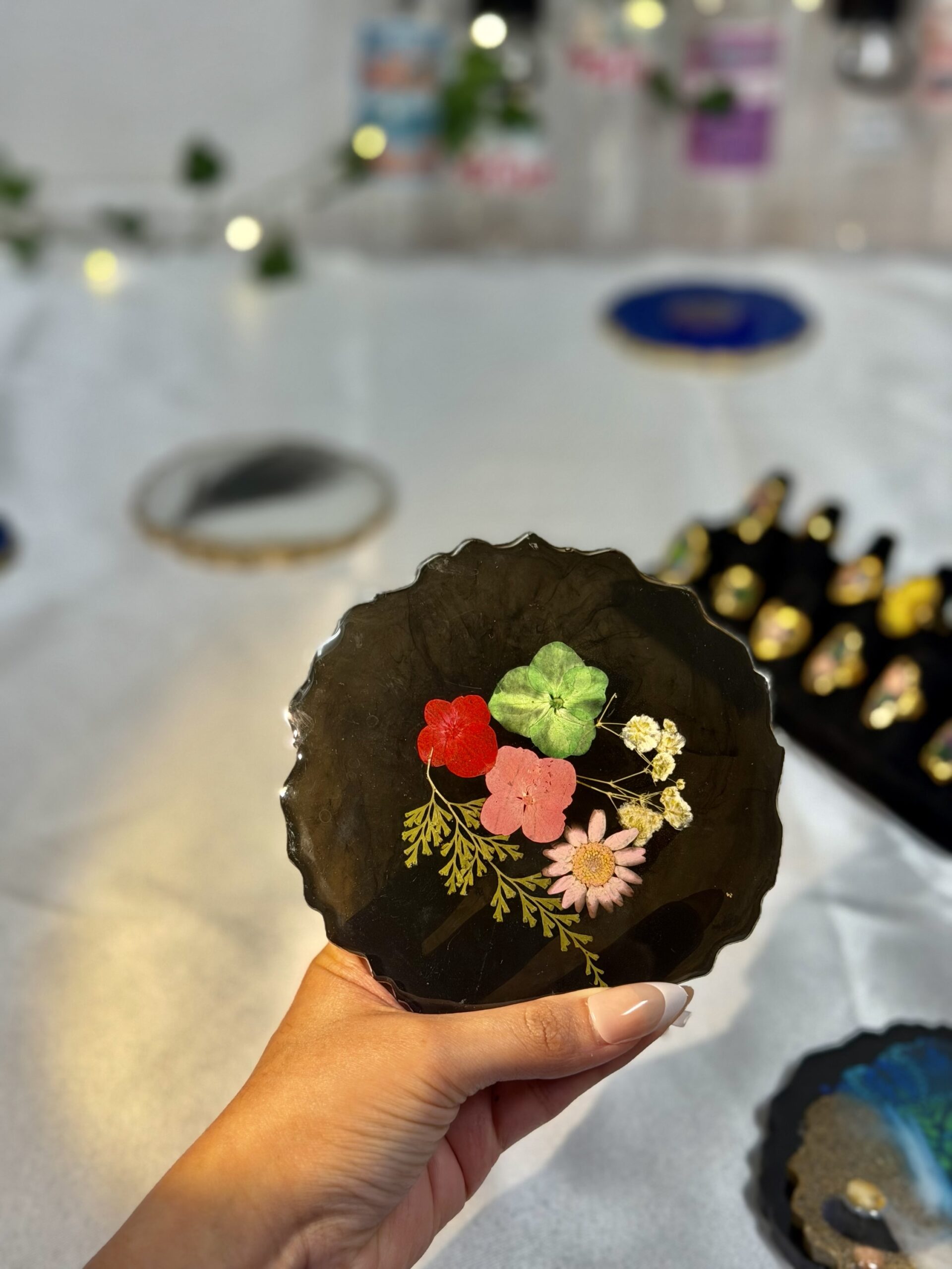 Midnight Bloom Resin Coaster – Black Base with Real Pressed Flowers - Image 2