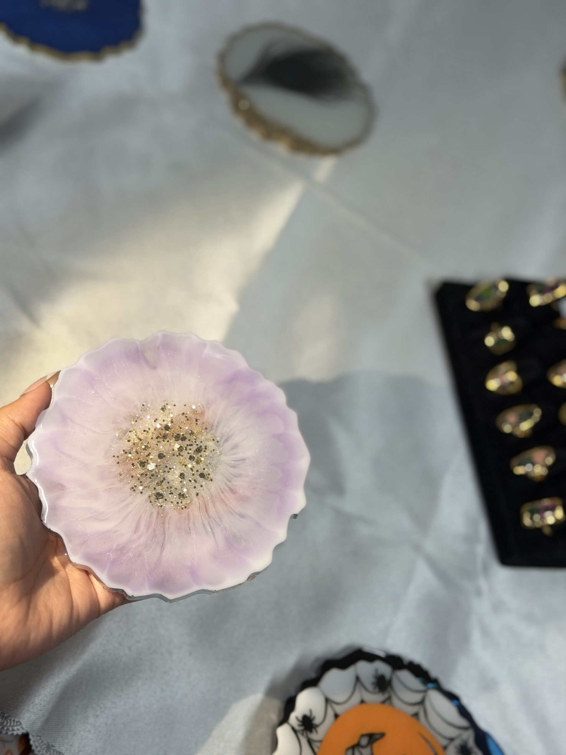 Lavender Bloom Resin Coaster – Silver-Edged Floral Burst with Glitter Core - Image 3