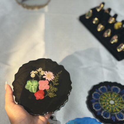 Midnight Bloom Resin Coaster – Black Base with Real Pressed Flowers (2 Pieces Set)