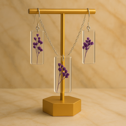 Pressed Lavender Botanical Jewelry Set – Rectangle Resin Pendant & Earrings with Silver Hooks