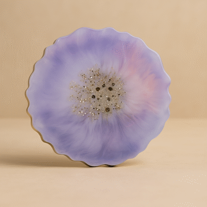 Lavender Bloom Resin Coaster – Silver-Edged Floral Burst with Glitter Core