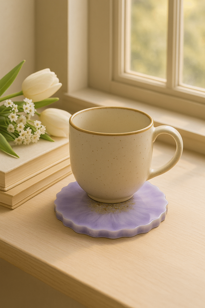 Lavender Bloom Resin Coaster – Silver-Edged Floral Burst with Glitter Core - Image 2