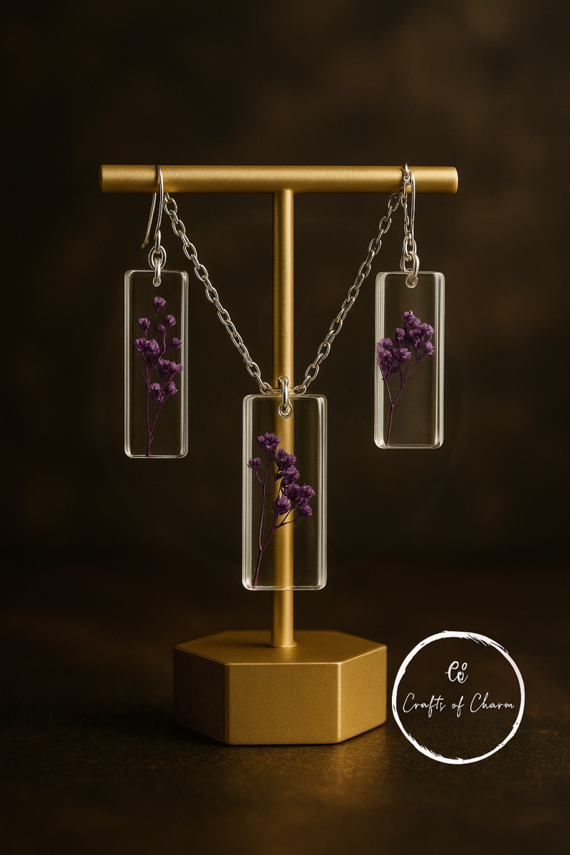 Pressed Lavender Botanical Jewelry Set – Rectangle Resin Pendant & Earrings with Silver Hooks - Image 2