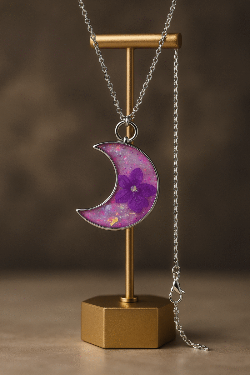 Purple Flower Moon Necklace – Handmade Resin Crescent Pendant with Silver Chain - Image 2