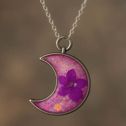 Purple Flower Moon Necklace – Handmade Resin Crescent Pendant with Silver Chain