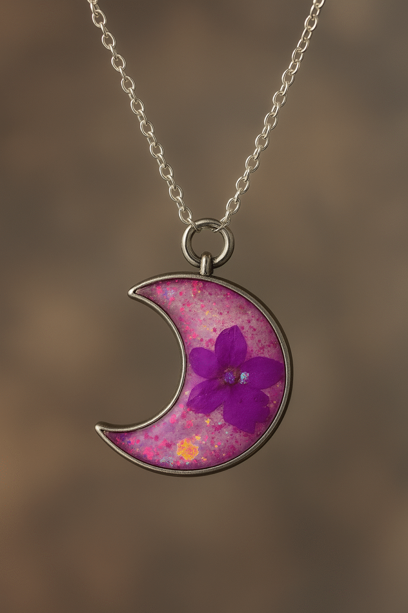 Purple Flower Moon Necklace – Handmade Resin Crescent Pendant with Silver Chain