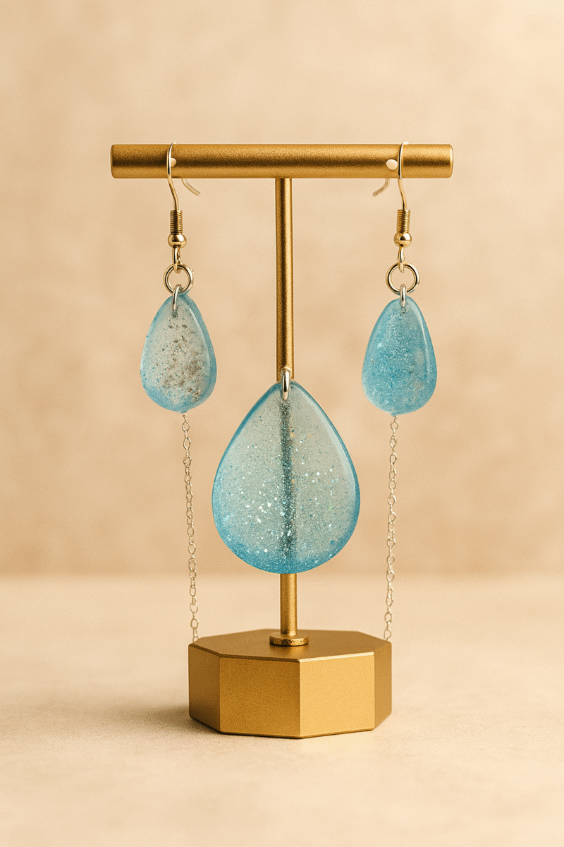 Sky Mist Teardrop Jewelry Set – Glitter Resin Pendant Necklace & Earrings in Soft Blue - Image 3