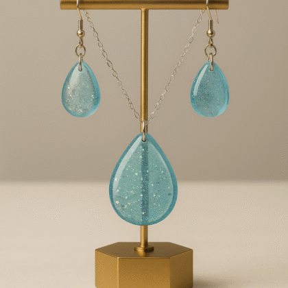Sky Mist Teardrop Jewelry Set – Glitter Resin Pendant Necklace & Earrings in Soft Blue