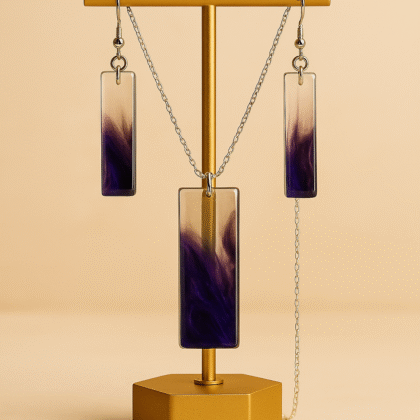 Twilight Smoke Resin Jewelry Set – Silver Chain Pendant & Matching Earrings in Transparent-Purple Gradient