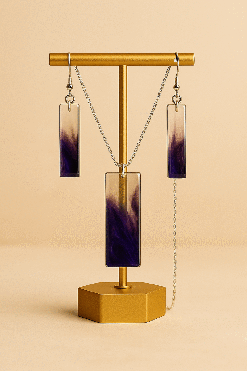 Twilight Smoke Resin Jewelry Set – Silver Chain Pendant & Matching Earrings in Transparent-Purple Gradient