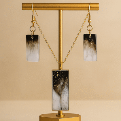 Midnight Marble Resin Jewelry Set – Black & White Rectangular Pendant with Gold Chain and Matching Earring
