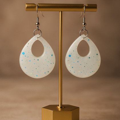 Iridescent Teardrop Resin Earrings – Frosted White Glitter Statement Dangles