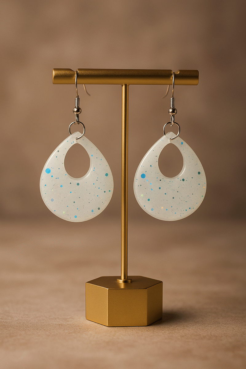 Iridescent Teardrop Resin Earrings – Frosted White Glitter Statement Dangles