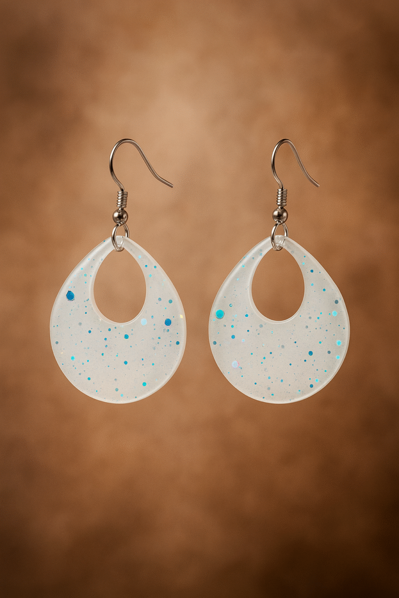 Iridescent Teardrop Resin Earrings – Frosted White Glitter Statement Dangles - Image 2