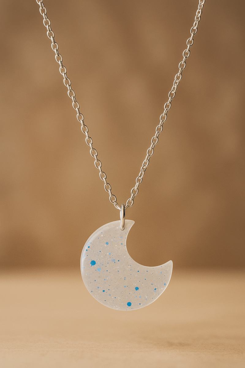Frosted Moon Pendant Necklace – Translucent Crescent with Blue Glitter Accents - Image 3