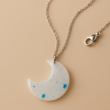 Frosted Moon Pendant Necklace – Translucent Crescent with Blue Glitter Accents