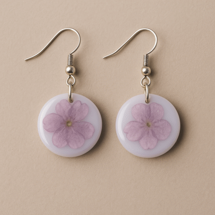 Pressed Flower Resin Earrings – Lavender Round Dangles with Gold Hooks
