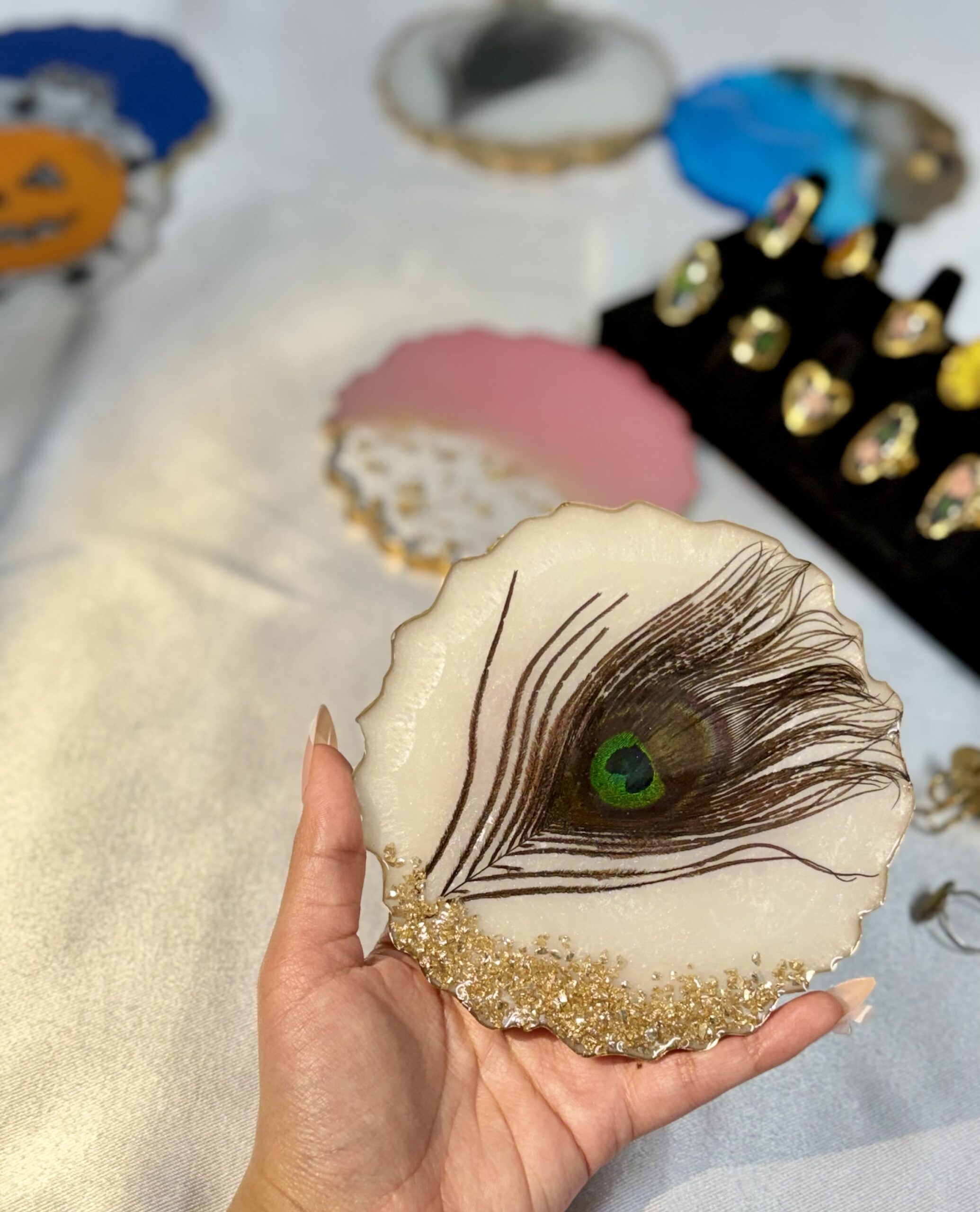 Peacock Feather Resin Coaster with Gold Crystal Edge - Image 2