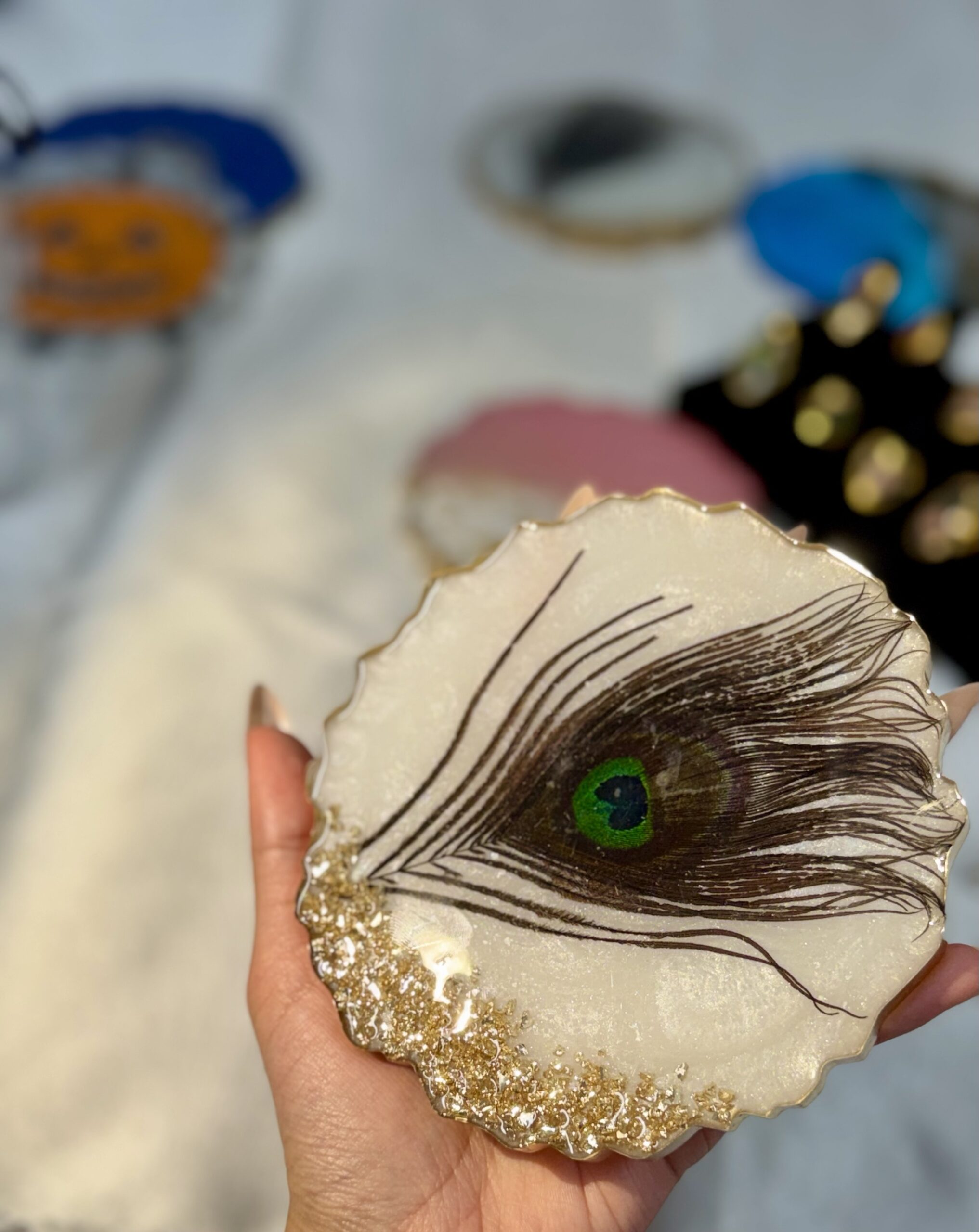 Peacock Feather Resin Coaster with Gold Crystal Edge - Image 3