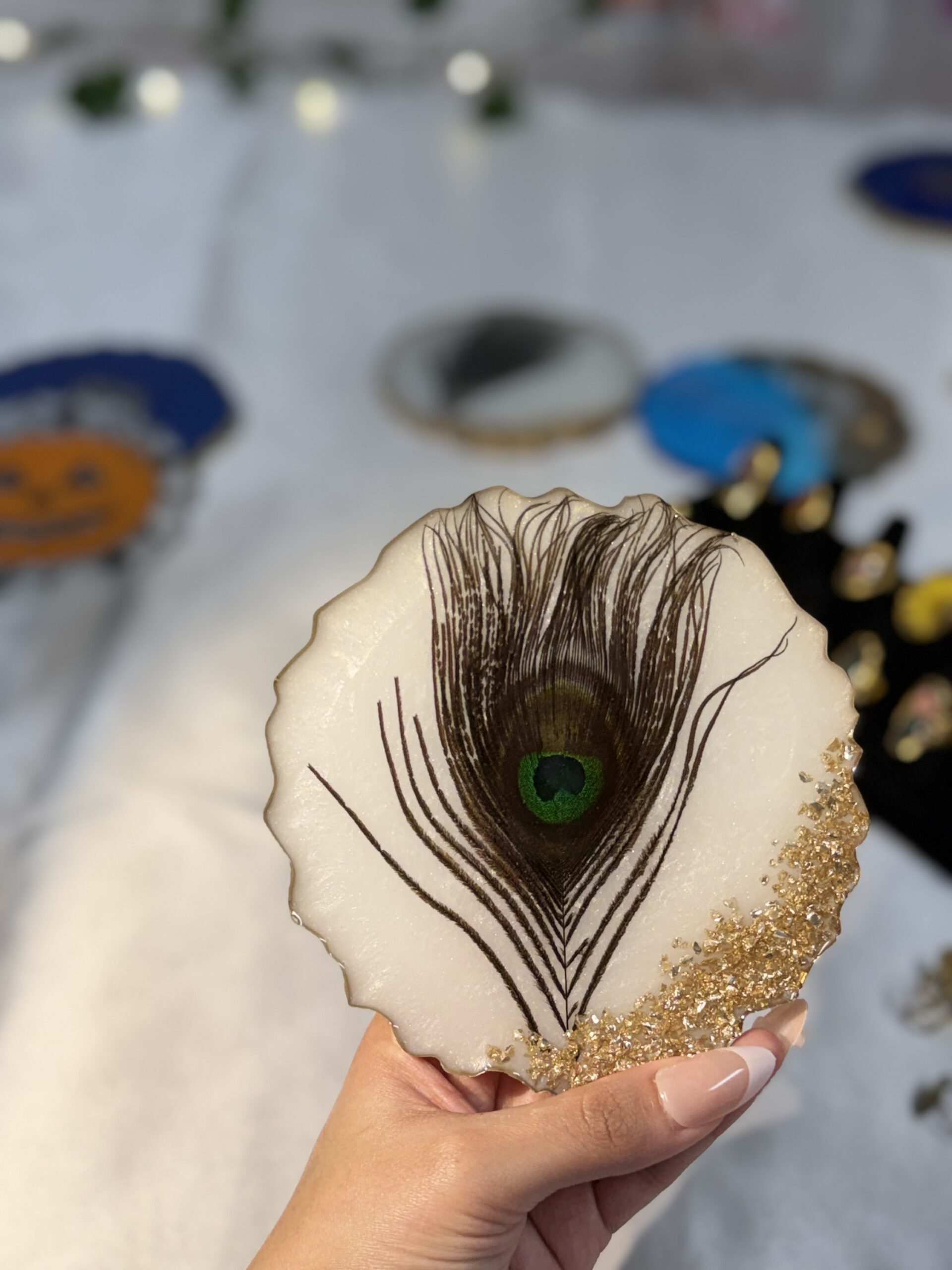 Peacock Feather Resin Coaster with Gold Crystal Edge - Image 4