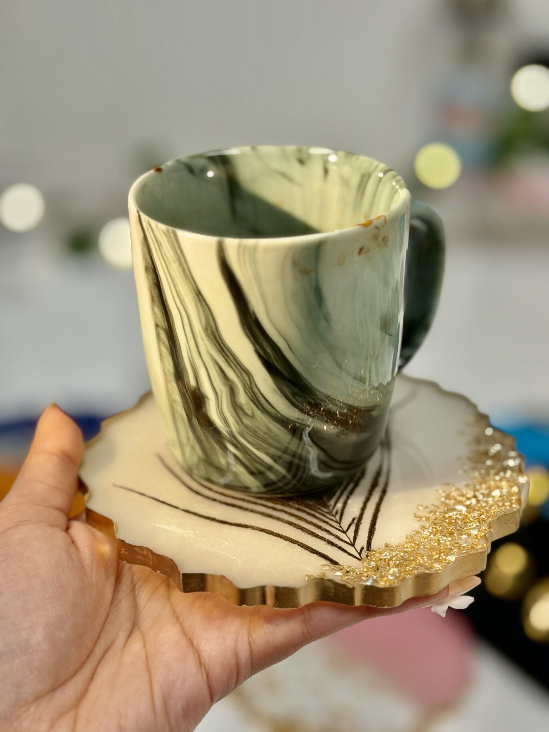 Peacock Feather Resin Coaster with Gold Crystal Edge - Image 5