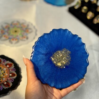 Handmade Blue Glitter Resin Coaster – Sparkle Center Design