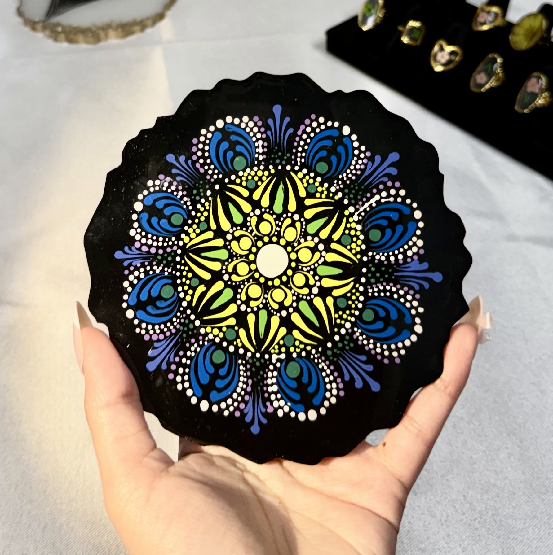 Handmade Mandala Resin Coaster – Black & Neon Floral Design - Image 3