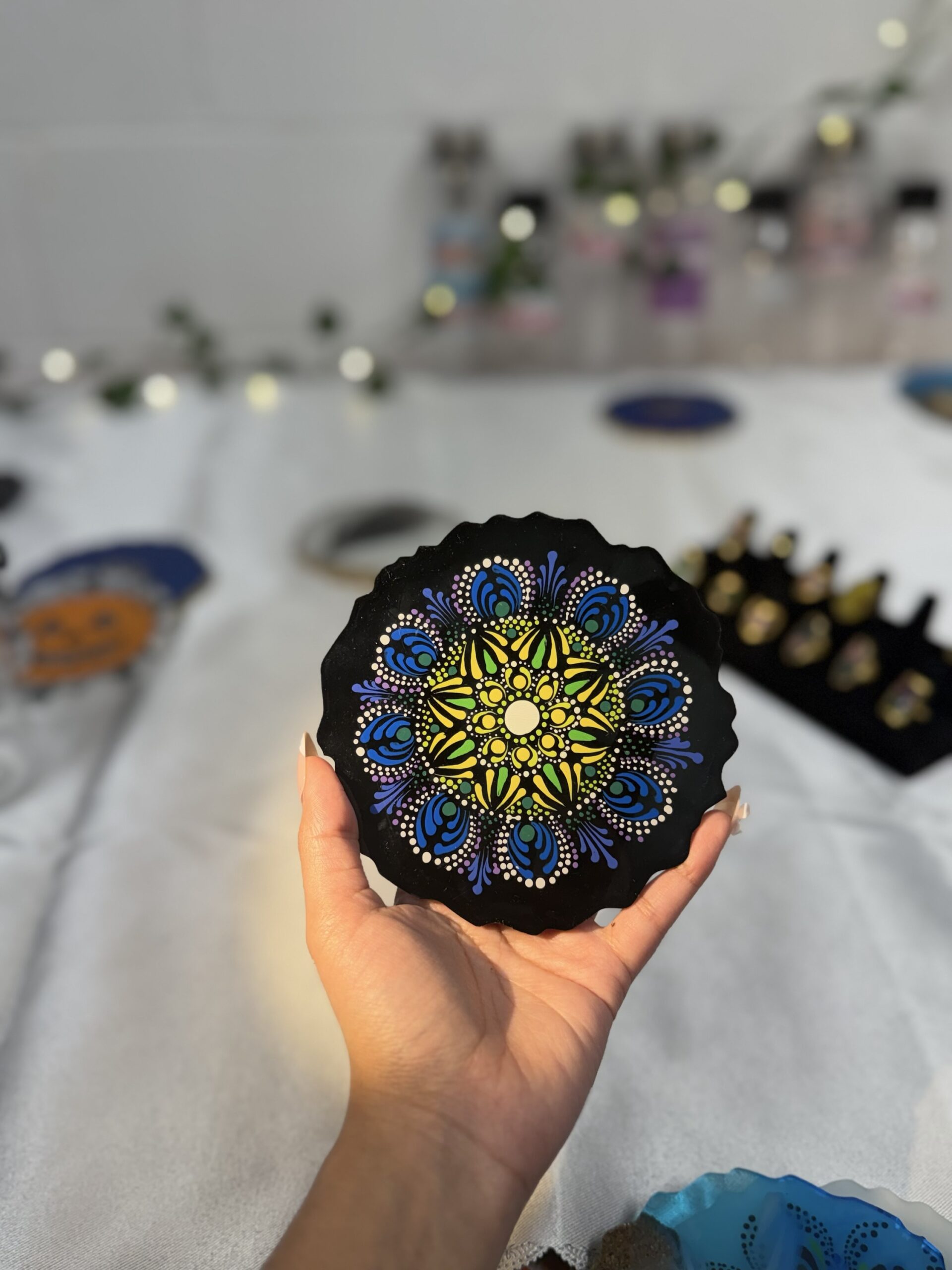 Handmade Mandala Resin Coaster – Black & Neon Floral Design - Image 2