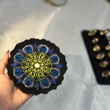 Handmade Mandala Resin Coaster – Black & Neon Floral Design