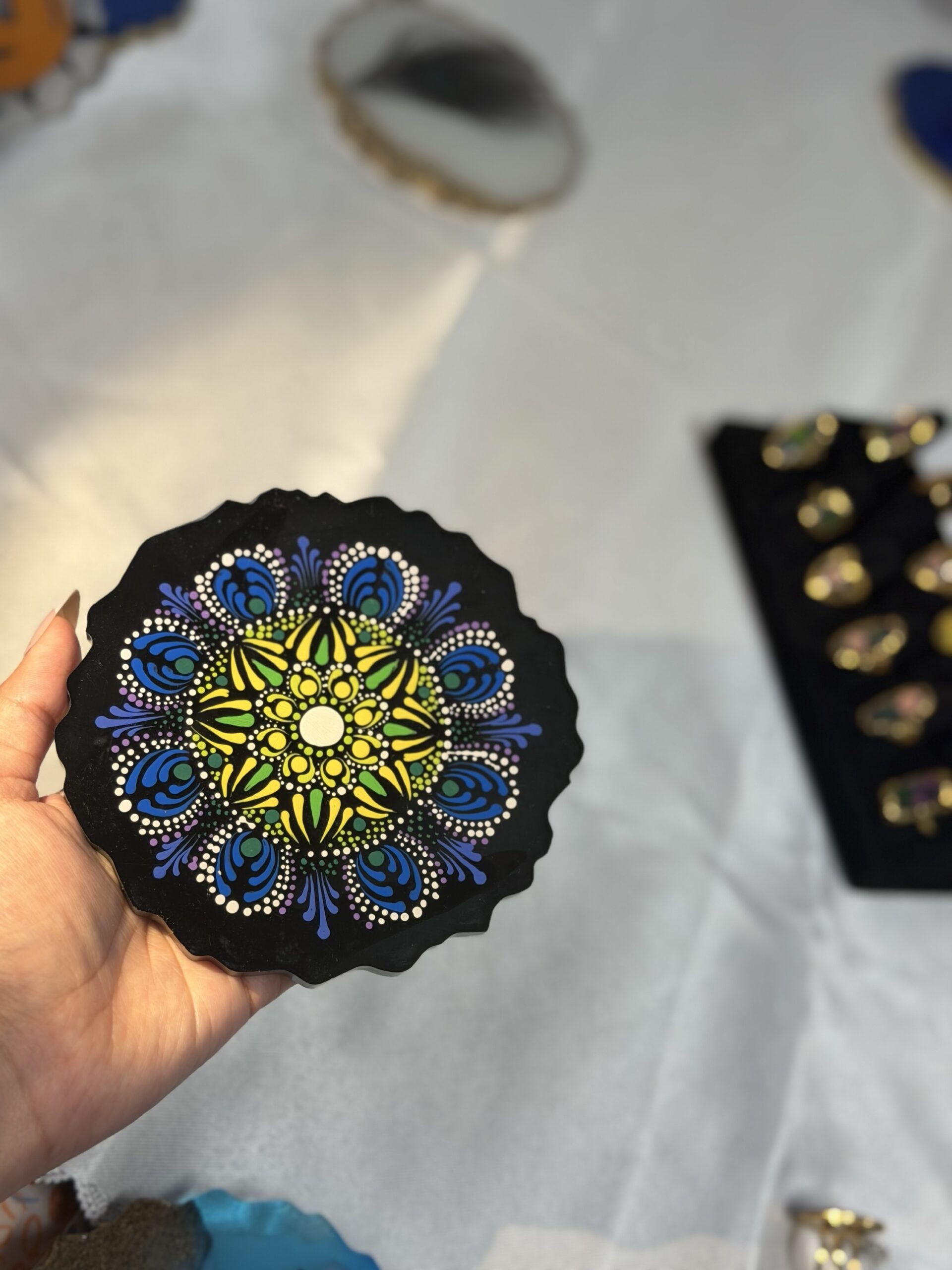 Handmade Mandala Resin Coaster – Black & Neon Floral Design