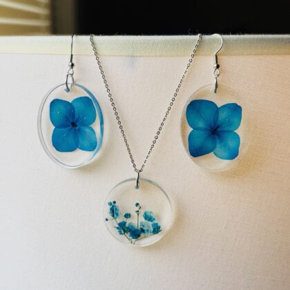 Eternal Blue Hydrangea Jewelry Set: Necklace & Earrings